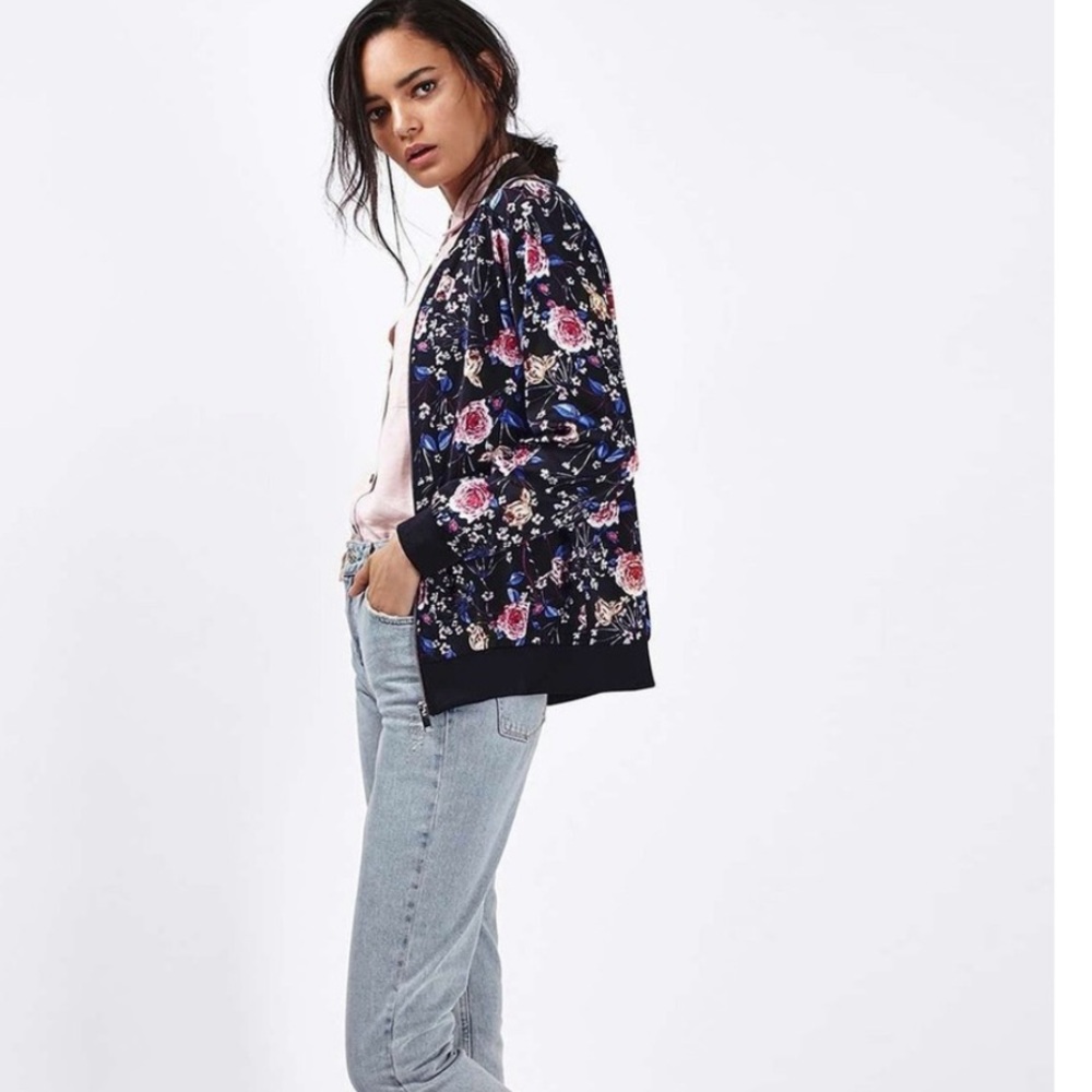 Topshop Floral Print Bomber Jacket SZ US 12 UK 16 - Picture 2 of 7